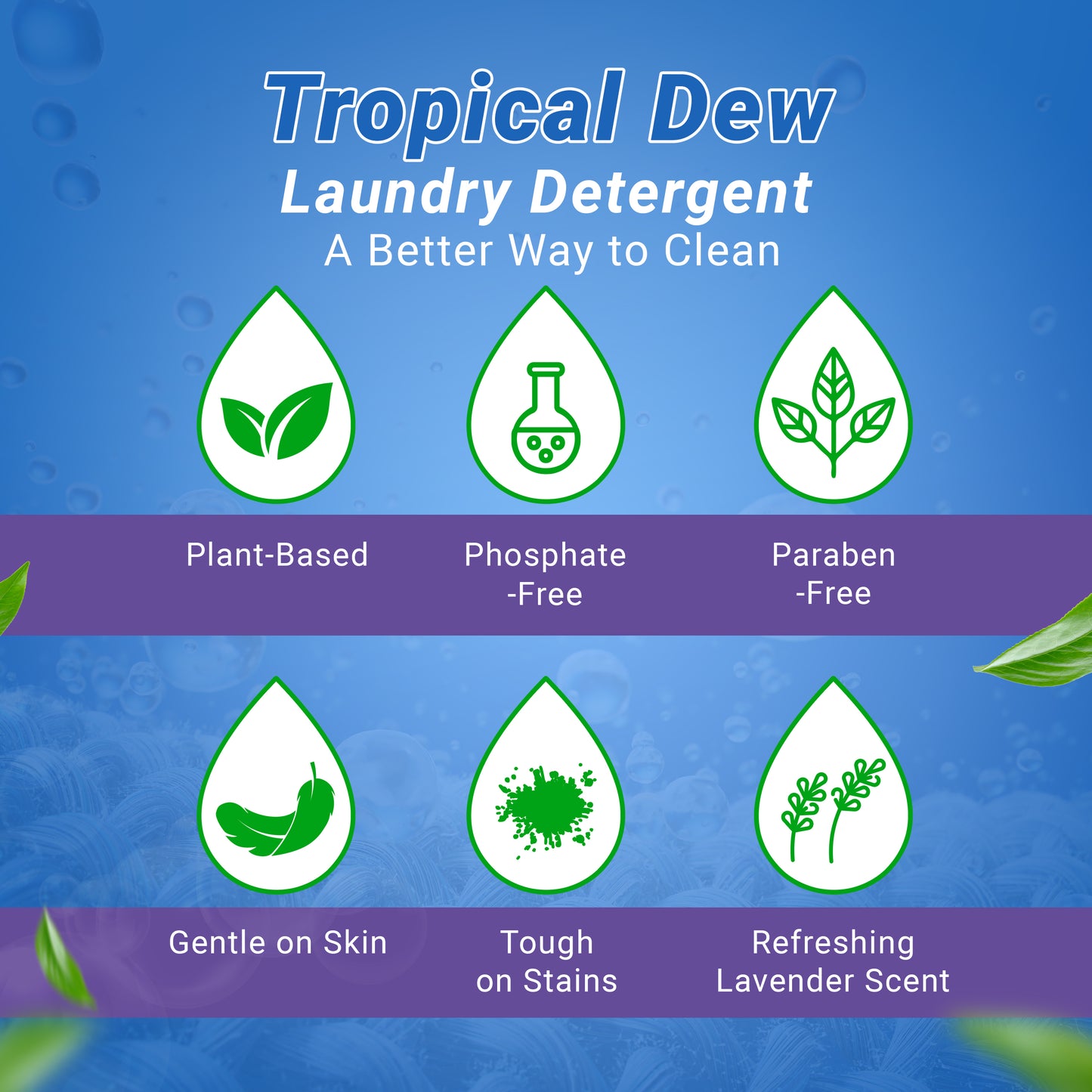 Laundry Soap Liquid Detergent - Phosphate & Paraben Free Natural Detergent with Citric Acid for Stain Removal - For Hand Wash, Front Load & Top Load Washing Machine - Tropical Dew, Lavender Scent, 1L