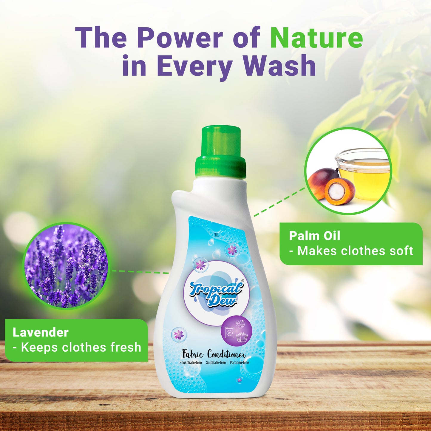 Natural Fabric Softener - Liquid Fabric Softener for Hand Wash, Front Load & Top Load Washing Machine - Phosphate Free, Sulphate & Paraben Free Fabric Conditioner - Tropical Dew, Lavender Scent, 1L