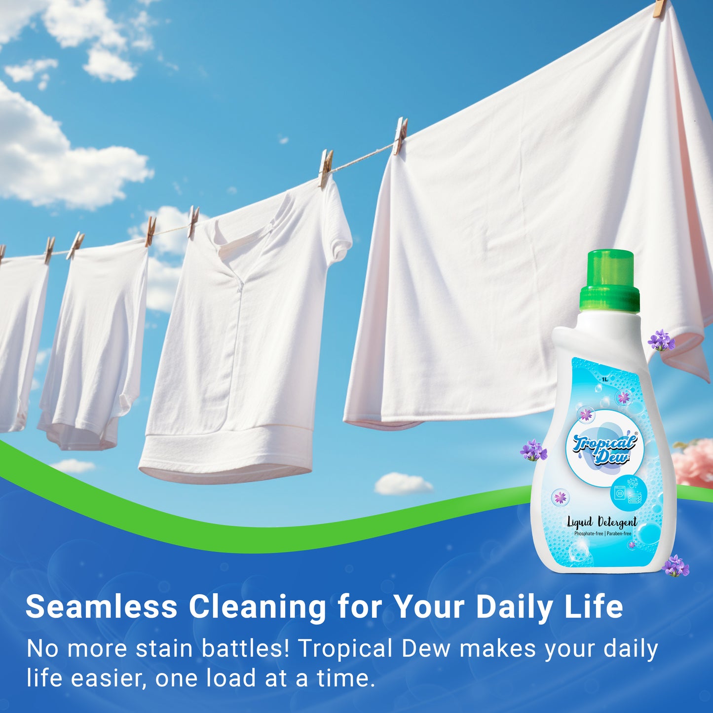 Laundry Soap Liquid Detergent - Phosphate & Paraben Free Natural Detergent with Citric Acid for Stain Removal - For Hand Wash, Front Load & Top Load Washing Machine - Tropical Dew, Lavender Scent, 500ml