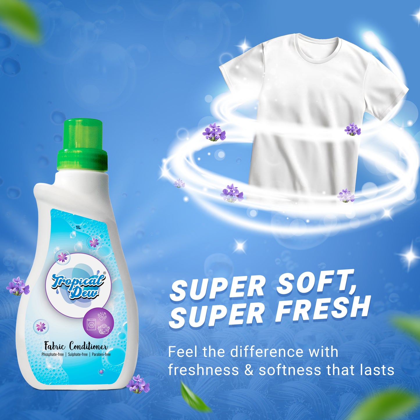 Natural Fabric Softener - Liquid Fabric Softener for Hand Wash, Front Load & Top Load Washing Machine - Phosphate Free, Sulphate & Paraben Free Fabric Conditioner - Tropical Dew, Lavender Scent, 500ml