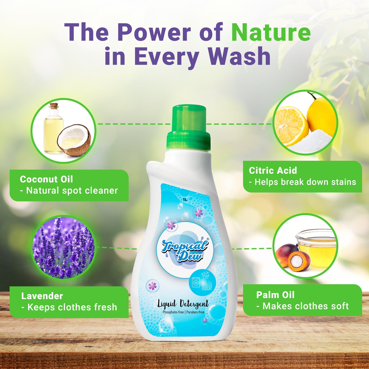 Laundry Soap Liquid Detergent - Phosphate & Paraben Free Natural Detergent with Citric Acid for Stain Removal - For Hand Wash, Front Load & Top Load Washing Machine - Tropical Dew, Lavender Scent, 1L