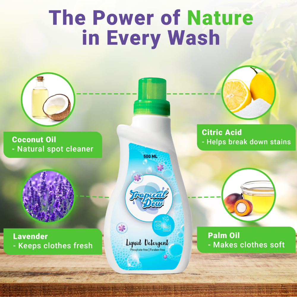 Laundry Soap Liquid Detergent - Phosphate & Paraben Free Natural Detergent with Citric Acid for Stain Removal - For Hand Wash, Front Load & Top Load Washing Machine - Tropical Dew, Lavender Scent, 500ml